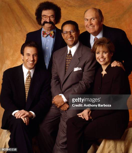 Portrait of the cast of NBC's Today show, New York, 1999. Pictured are, from left, Matt Lauer, Gene Shalit, Bryant Gumbel, Willard Scott, and Katie...