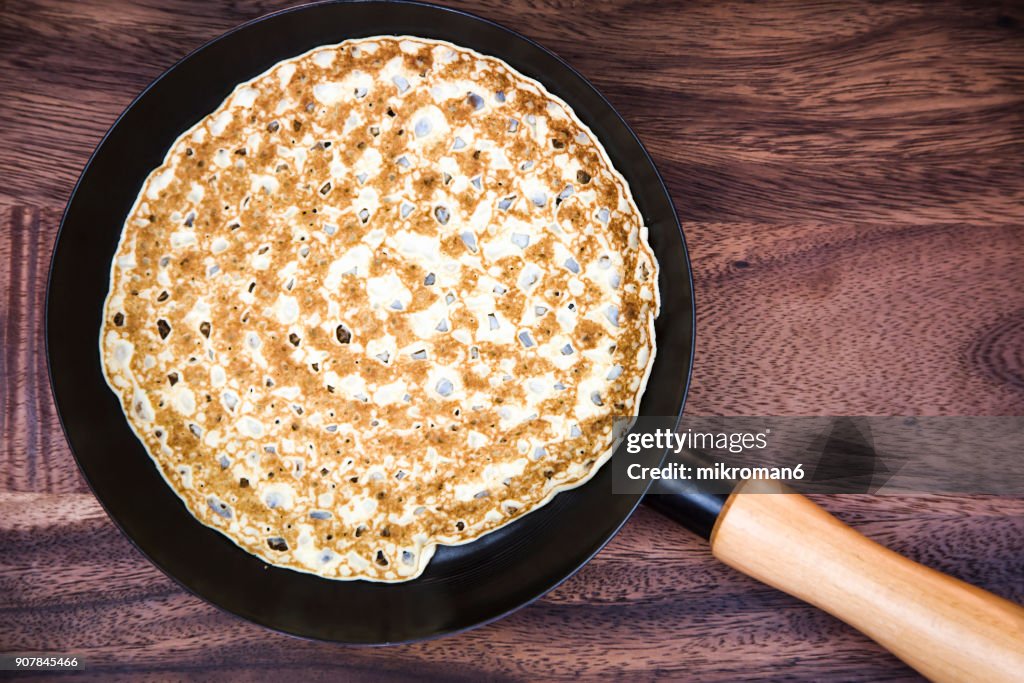 Pancakes on fried pan, Breakfast