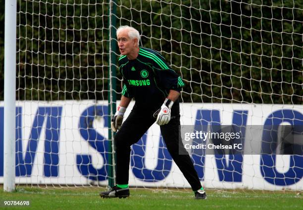 Chelsea goalkeeper Peter Bonetti in action during a Chelsea Old Boys match at the club's Cobham training ground on September 14, 2009 in Cobham,...