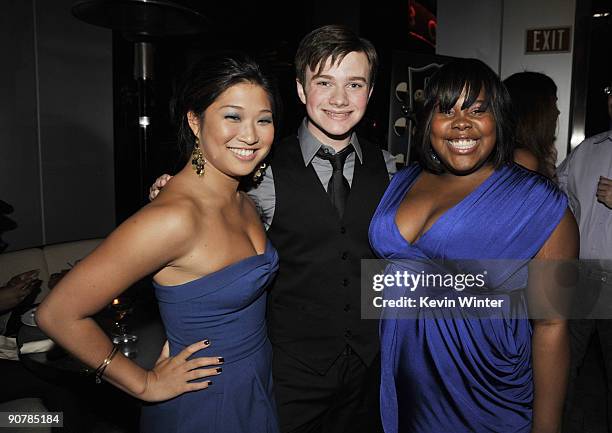 Actors Jenna Ushkowitz, Chris Colfer and Amber Riley appear at Fox TV's Fall Eco-Casino Party at BOA Steakhouse on September 14, 2009 in West...