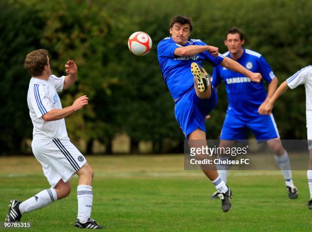 Chelsea's Colin Pates tries a shot at goal during a Chelsea Old Boys match at the club's Cobham training ground on September 14, 2009 in Cobham,...