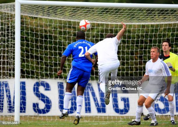 Chelsea's Jimmy Floyd Hasselbaink scores a goal during a Chelsea Old Boys match at the club's Cobham training ground on September 14, 2009 in Cobham,...