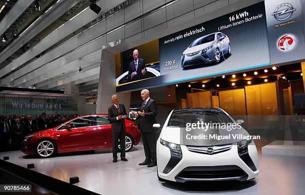 Europe President Carl-Peter Forster presents the new Opel Astra and the electric Opel car Ampera during the international motor show IAA on September...