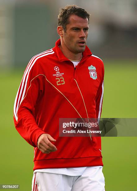 Jamie Carragher of Liverpool looks on during a Liverpool training session at Melwood Training Complex on September 15, 2009 in Liverpool, England.