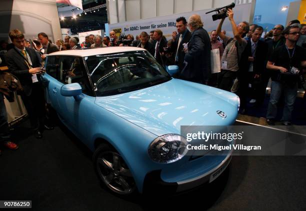 Journalists take pictures of the Trabant concept car Trabant NT at the international motor show IAA on September 15, 2009 in Frankfurt am Main,...