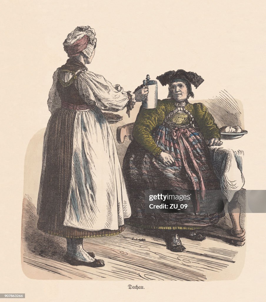 Traje da Baviera (Dachau), do século XIX, gravura em madeira colorida à mão, publicado c.1880