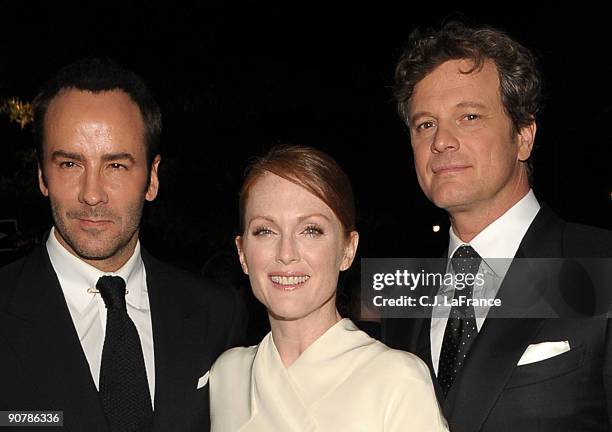 Director Tom Ford, actress Julianne Moore and actor Colin Firth pose at the "A Single Man" screening during the 2009 Toronto International Film...