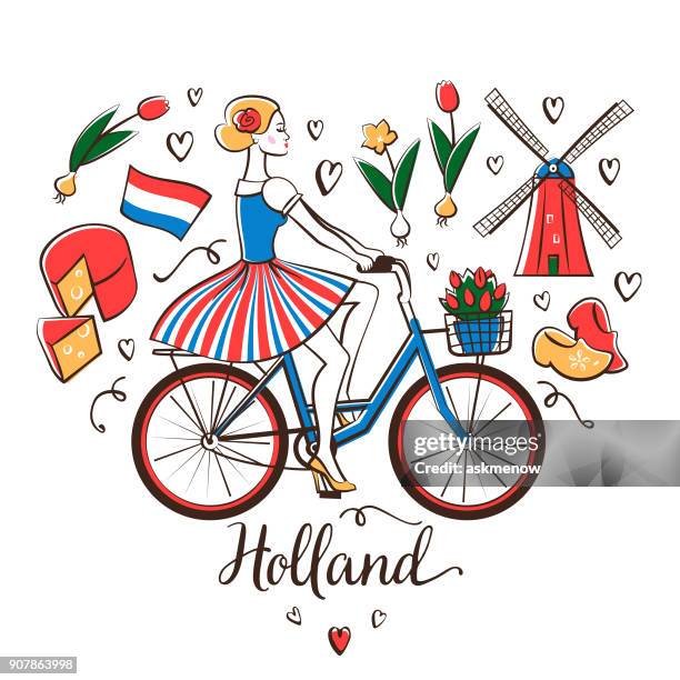 ilustraciones, imágenes clip art, dibujos animados e iconos de stock de andar en bicicleta en holanda - molino de viento