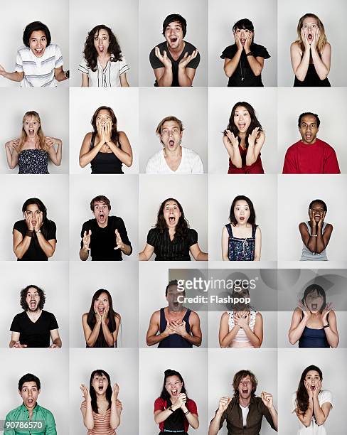 group of people all looking surprised and happy - people gesturing stock pictures, royalty-free photos & images