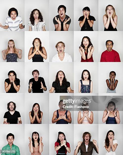 group of people all looking surprised and happy - gesticular imagens e fotografias de stock