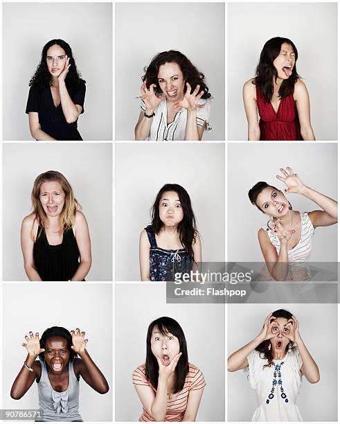 group of women pulling funny faces - multiple images different expressions stock-fotos und bilder