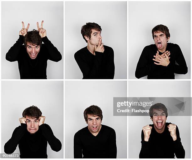 montage of man pulling different expressions - phasenaufnahme stock-fotos und bilder