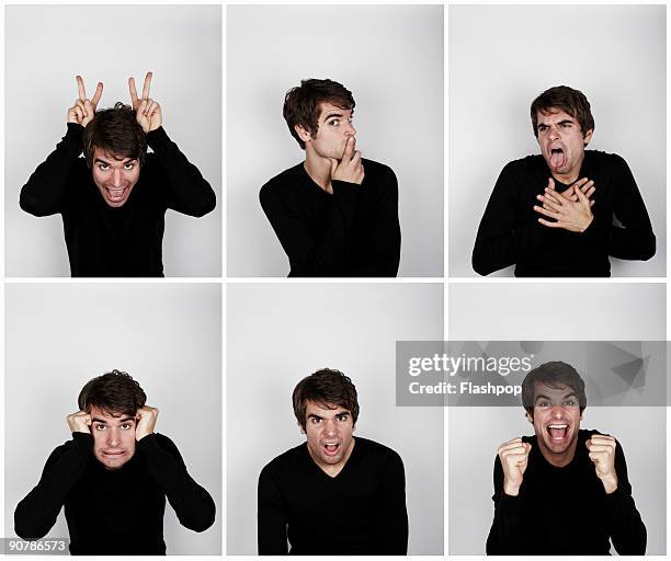 montage of man pulling different expressions - meervoudig beeld stockfoto's en -beelden