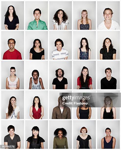 montage of a group of people smiling - großen menschenmengen stock-fotos und bilder