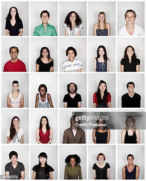 montage of a group of people smiling - homme coiffure photos et images de collection