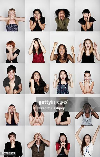 group of people with different emotions - gesturing stockfoto's en -beelden