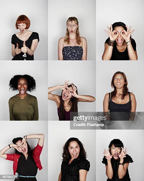 group of women pulling funny faces - cross eyed 個照片及圖片檔