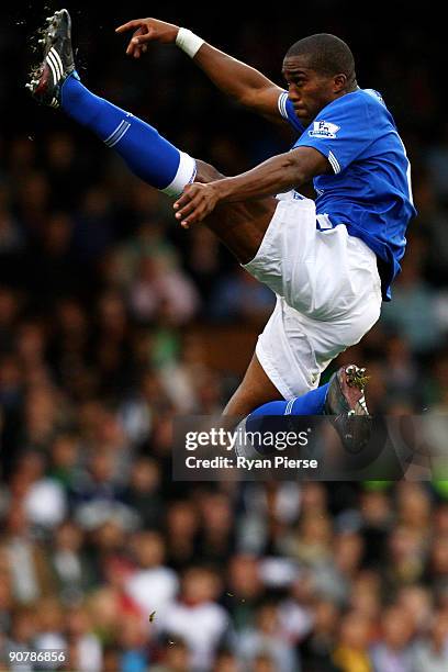 Sylvain Distin of Everton in action during the Barclays Premier League match between Fulham and Everton at Craven Cottage on September 13, 2009 in...