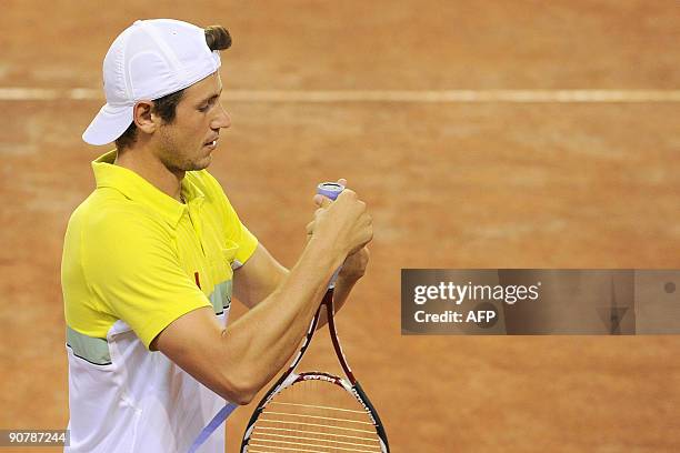 Ukrainian tennis player Sergei Bubka trains on September 15 in Charleroi. Belgium will play against Ukraine in the Davis Cup world group play-offs...