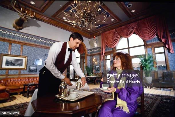 Susan Saint James, actress photographed December 22, 1987 having tea in a luxury hotel in Aspen, Colorado