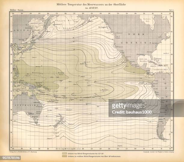 august mean temperature of seawater at the surface chart, pacific ocean, german antique victorian engraving, 1896 - depth gauge stock illustrations
