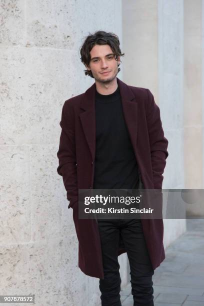 Actor Jack Brett Anderson wears River Island jacket, jeans and sweater day 2 of London Mens Fashion Week Autumn/Winter 2018, on January 07, 2018 in...