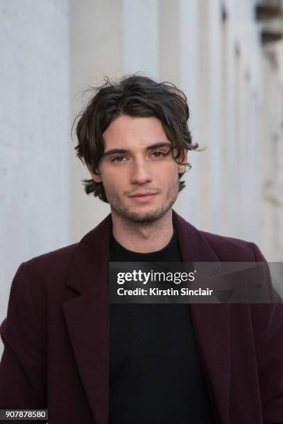 Actor Jack Brett Anderson wears River Island jacket and sweater day 2 of London Mens Fashion Week Autumn/Winter 2018, on January 07, 2018 in London,...