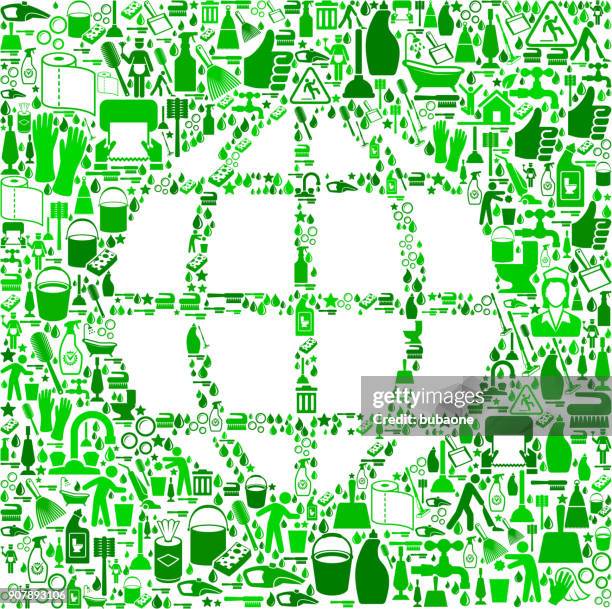 globe cleaning and chores vector icon pattern - hand holding spray bottle stock illustrations