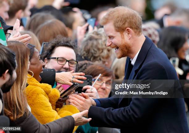 Prince Harry meets members of the public during a walkabout as he visits Cardiff Castle on January 18, 2018 in Cardiff, Wales.