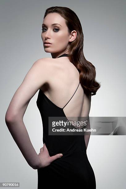 young woman in black dress, portrait. - evening wear bildbanksfoton och bilder