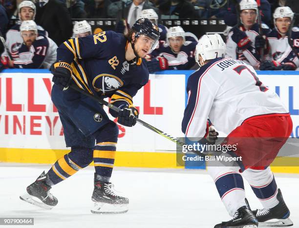 Nathan Beaulieu of the Buffalo Sabres skates during an NHL game against the Columbus Blue Jackets on January 11, 2018 at KeyBank Center in Buffalo,...