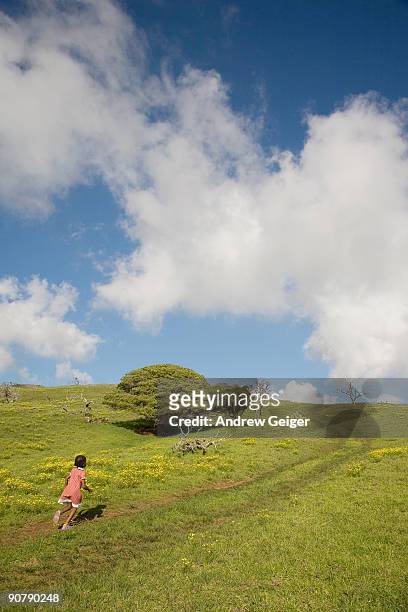 young girl running in grassy field. - anaehoomalu bay stockfoto's en -beelden