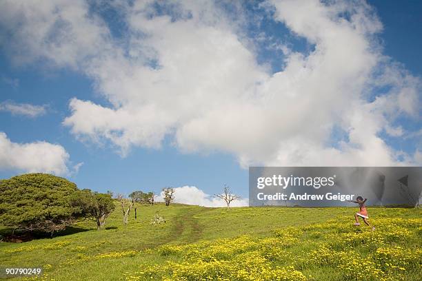 young girl running in lush field. - anaehoomalu bay stockfoto's en -beelden