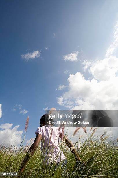 girl in field of tall grass. - anaehoomalu bay stockfoto's en -beelden