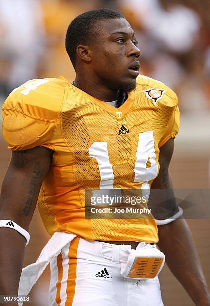 Eric Berry of the Tennessee Volunteers looks on against the UCLA Bruins on September 12, 2009 at Neyland Stadium in Knoxville, Tennessee. UCLA beat...