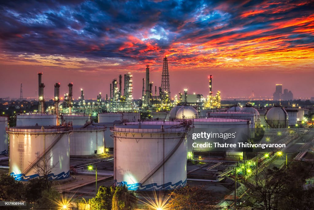 Oil and gas industry - refinery at sunset - factory - petrochemical plant