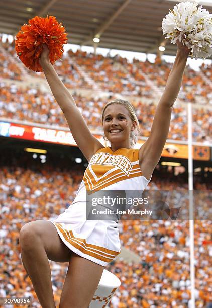 Cheerleader for the Tennessee Volunteers cheers against the UCLA Bruins on September 12, 2009 at Neyland Stadium in Knoxville, Tennessee. UCLA beat...