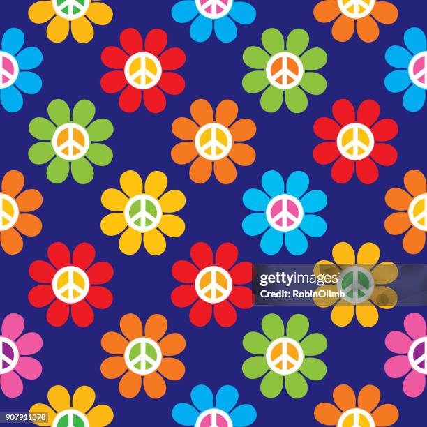 peace sign flowers seamless pattern - hippies 1960s stock illustrations