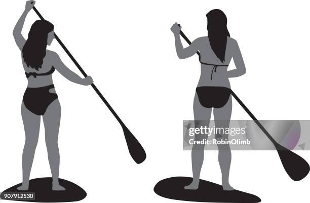 two girls paddle boarding silhouette - surfer girl stock illustrations