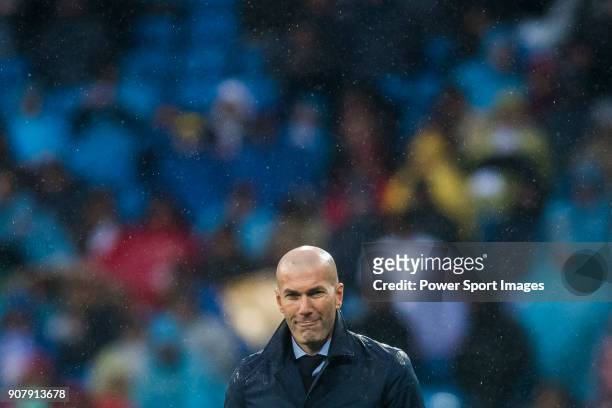 Manager Zinedine Zidane of Real Madrid reacts during the La Liga 2017-18 match between Real Madrid and Villarreal CF at Santiago Bernabeu Stadium on...