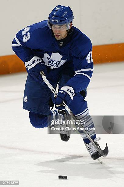 Nazem Kadri of the Toronto Maple Leafs skates up ice with the puck in a game against the Ottawa Senators in the NHL Rookie Tournament on September...