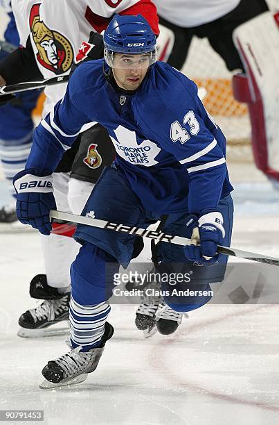 Nazem Kadri of the Toronto Maple Leafs skates in a game against the Ottawa Senators in the NHL Rookie Tournament on September 10, 2009 at the...