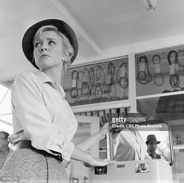 Inger Stevens as Nan Adams in "The Hitch-hiker". Season 1, episode 16, of CBS' science fiction television series, 'The Twilight Zone', July 23, 1959.