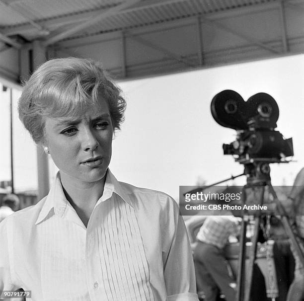 Inger Stevens as Nan Adams in "The Hitch-hiker". Season 1, episode 16, of CBS' science fiction television series, 'The Twilight Zone', July 23, 1959.
