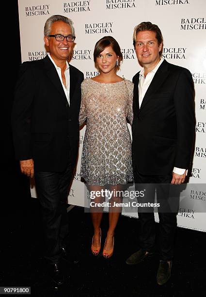 Designer Mark Badgley,Erin Lucas and designer James Mischka attend Badgley Mischka Spring 2010 fashion show at Bryant Park on September 15, 2009 in...