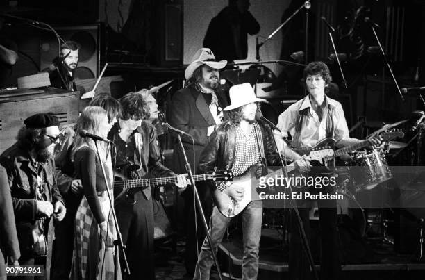 Bob Dylan joins The Band to play their Last Waltz at Winterland on November 25, 1976 in San Francisco, California.