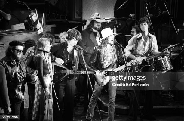 Bob Dylan joins The Band to play their Last Waltz at Winterland on November 25, 1976 in San Francisco, California.