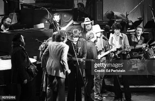 Bob Dylan joins The Band to play their Last Waltz at Winterland on November 25, 1976 in San Francisco, California.