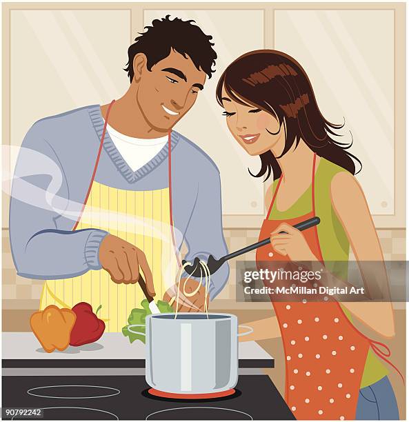 stockillustraties, clipart, cartoons en iconen met man and woman cooking - steaming vegtables