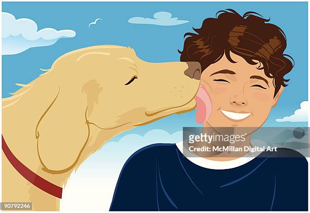 ilustraciones, imágenes clip art, dibujos animados e iconos de stock de dog licking boy's face - kid face dog lick